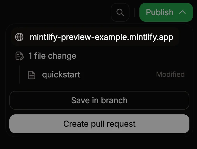 Preview URL emphasized in the publish menu.