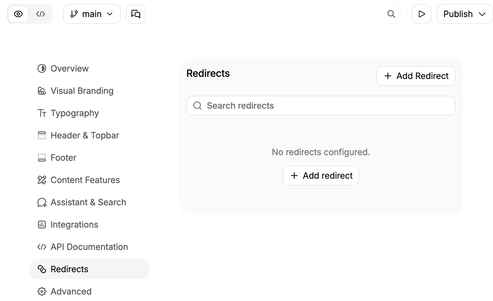 Menu des redirections dans l'éditeur.