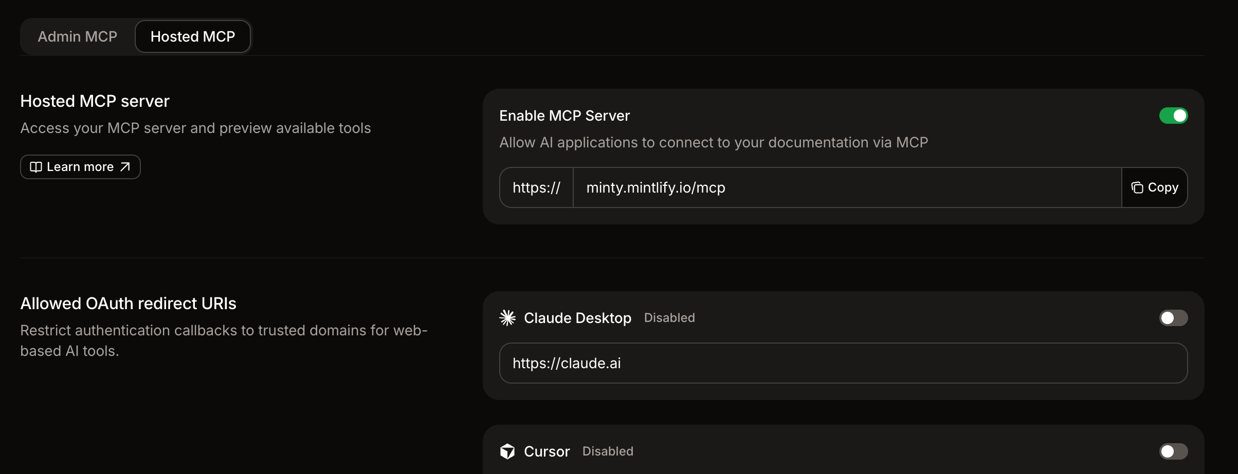 Página del servidor MCP en el dashboard.