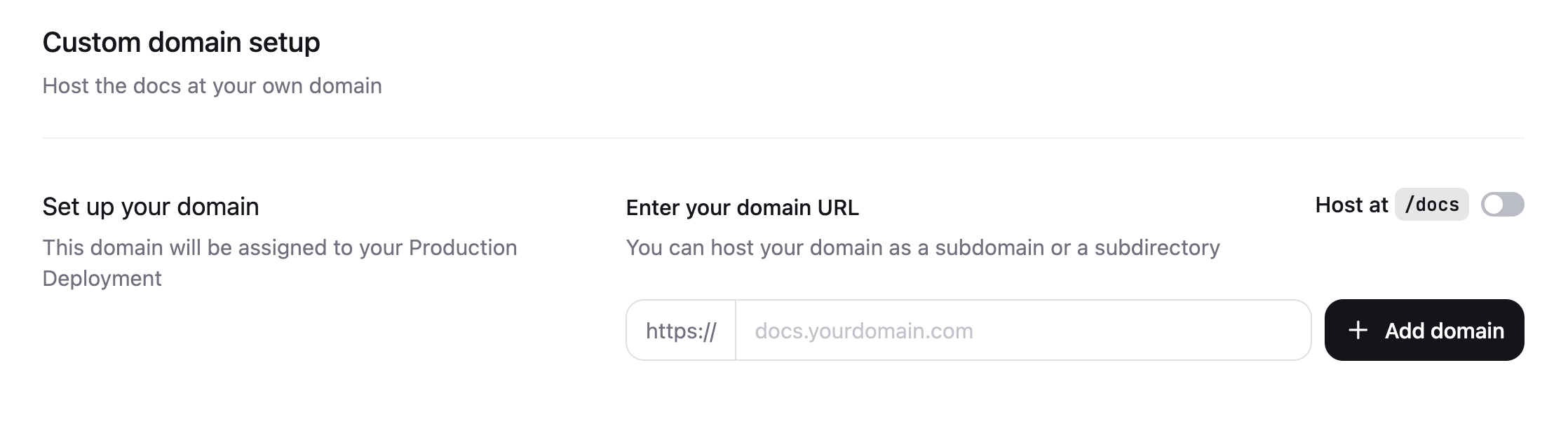 “Custom domain setup” 页面,显示用于输入自定义域名 URL 的字段。