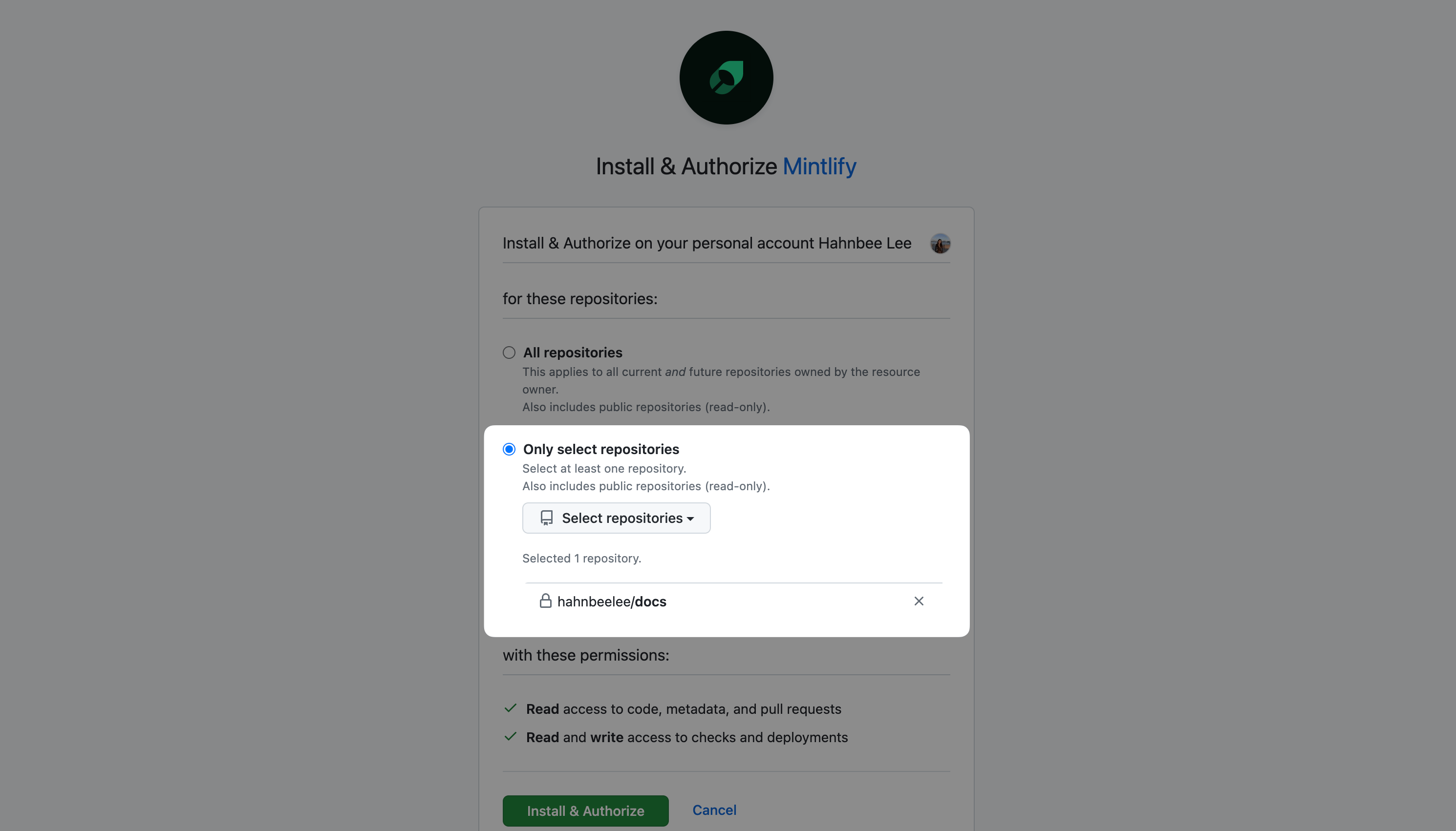 Mintlify GitHub 应用安装页面,已选择“Only select repositories”选项。