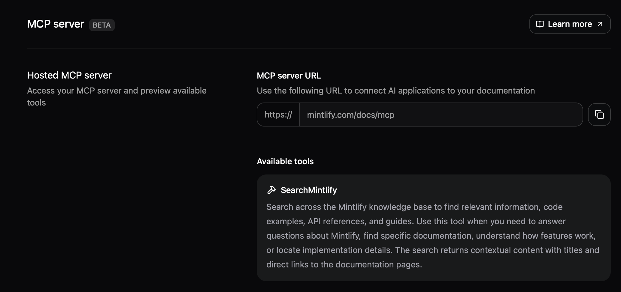 Page du serveur MCP dans le Dashboard.