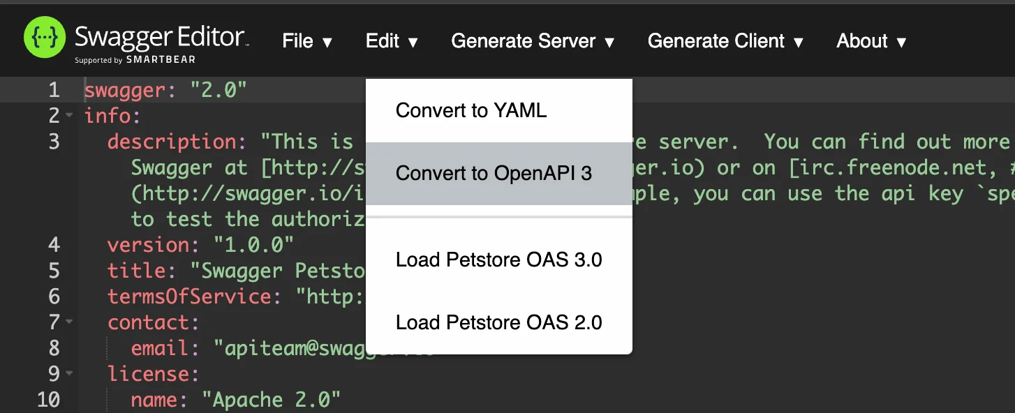 Screenshot of the Swagger Editor with the Edit menu expanded and the "Convert to OpenAPI 3" menu item highlighted.