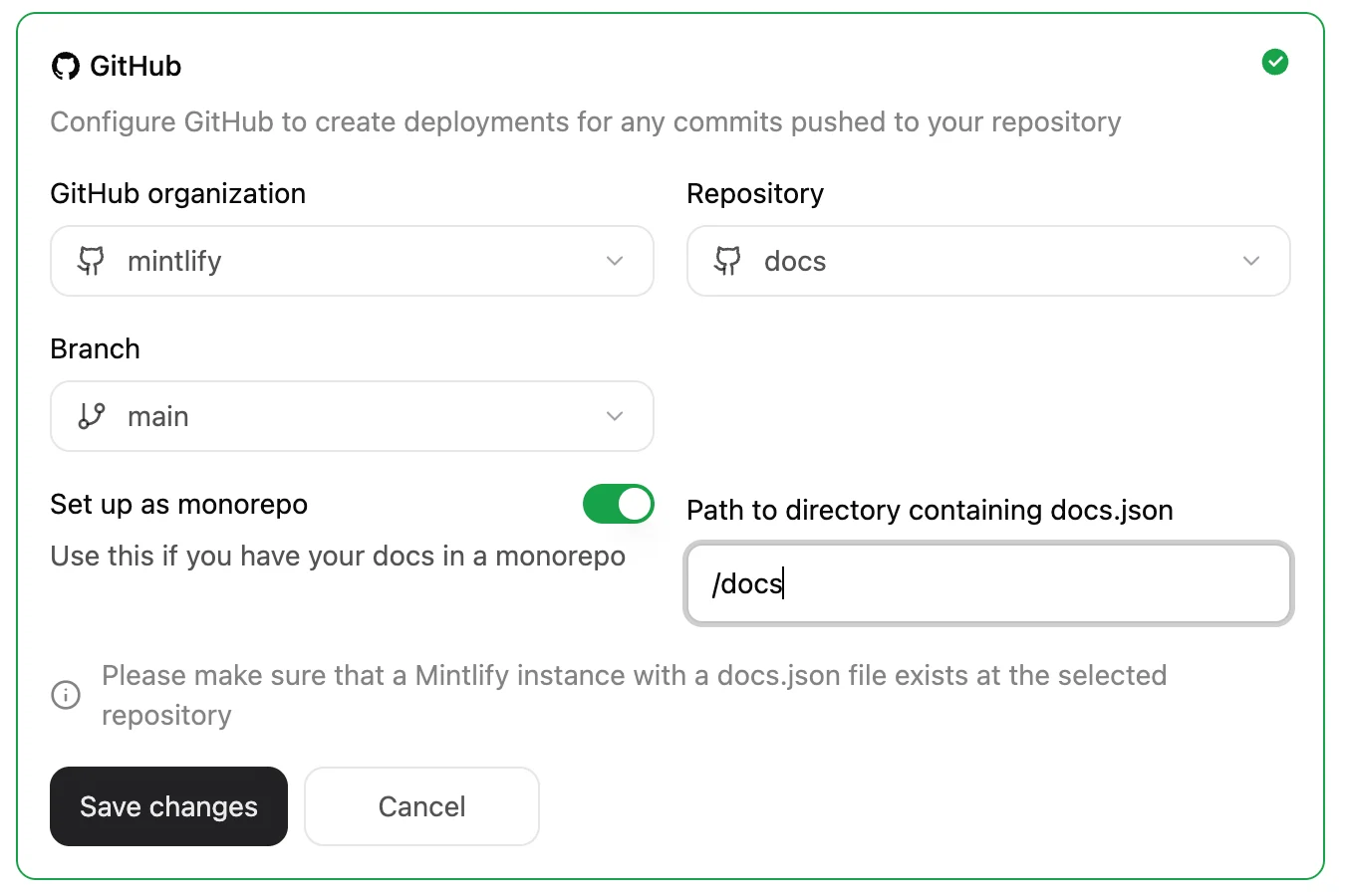 The project settings panel in the Git Settings menu. The Set up as monorepo toggle button is enabled and a path to the /docs directory is specified.