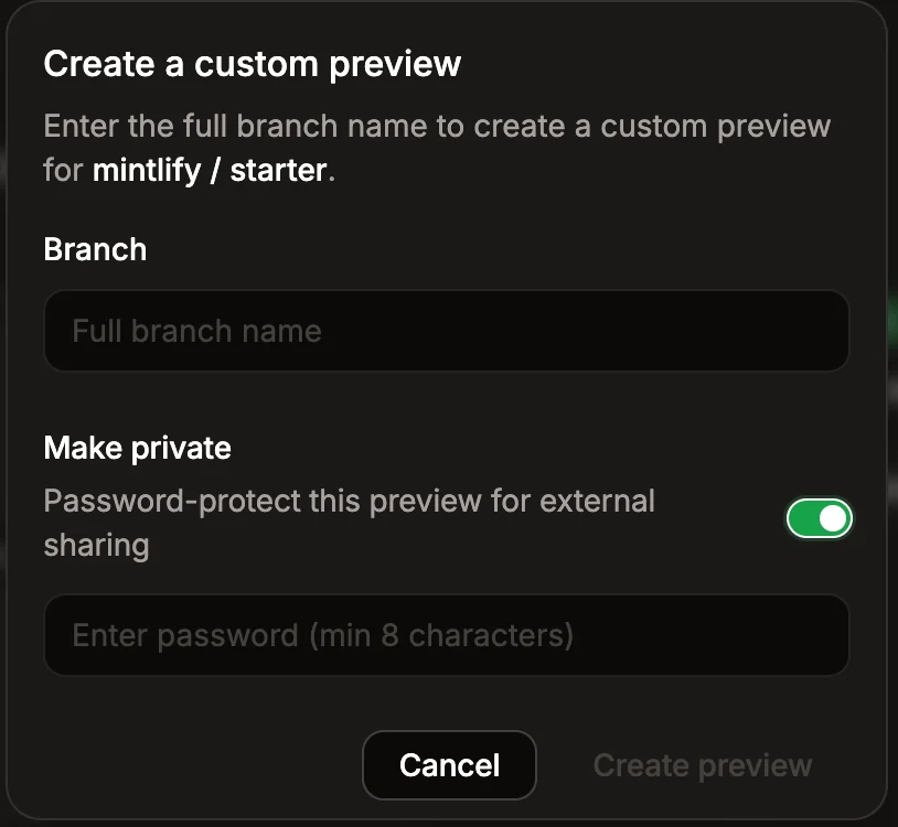 The Create a custom preview modal with the Make private toggle enabled and a password field.
