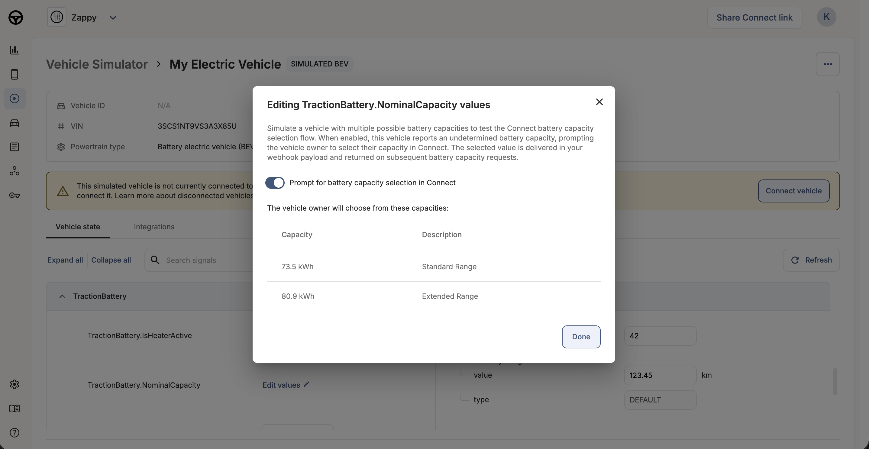 Toggle to prompt for battery capacity selection in Connect