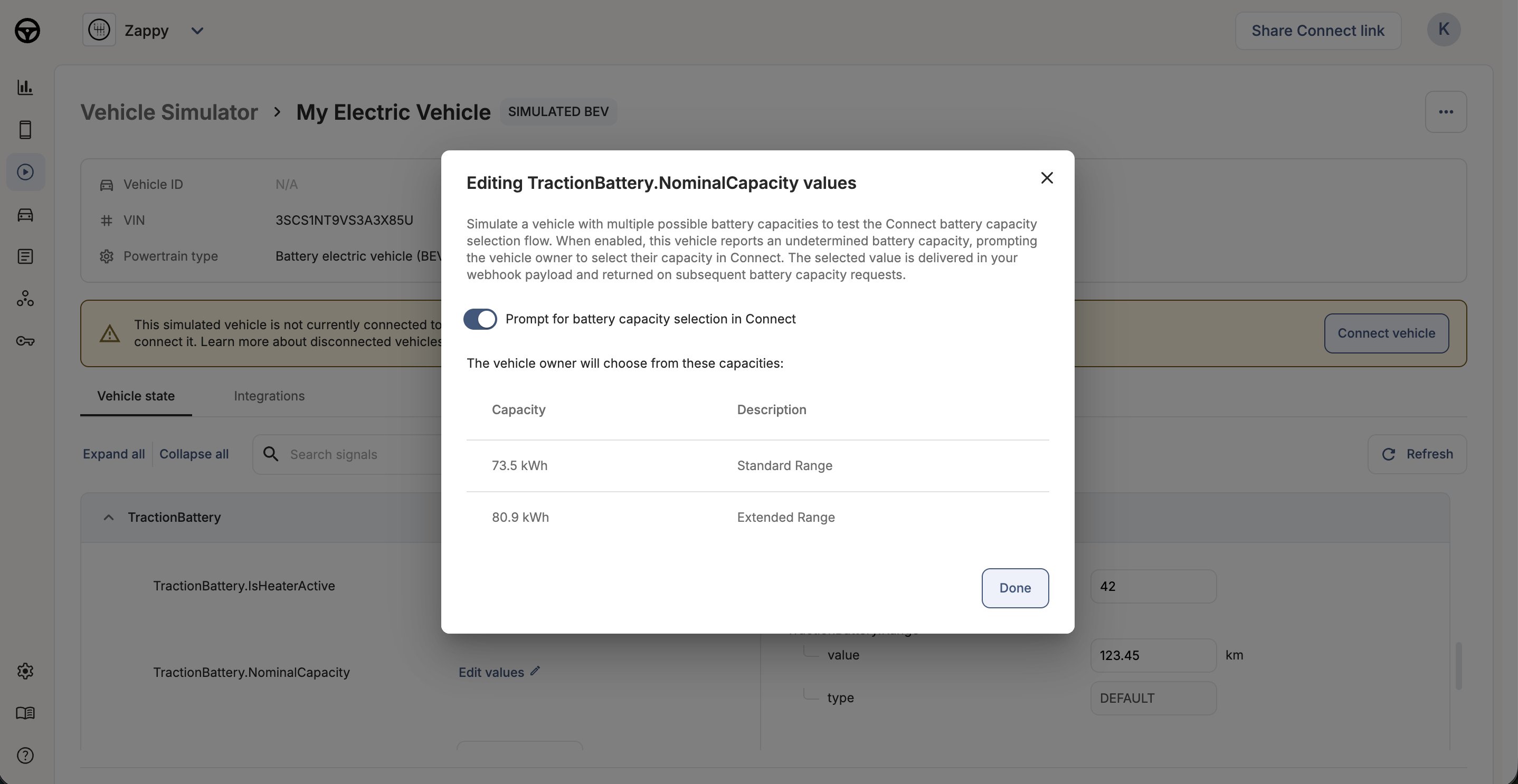 Toggle to prompt for battery capacity selection in Connect