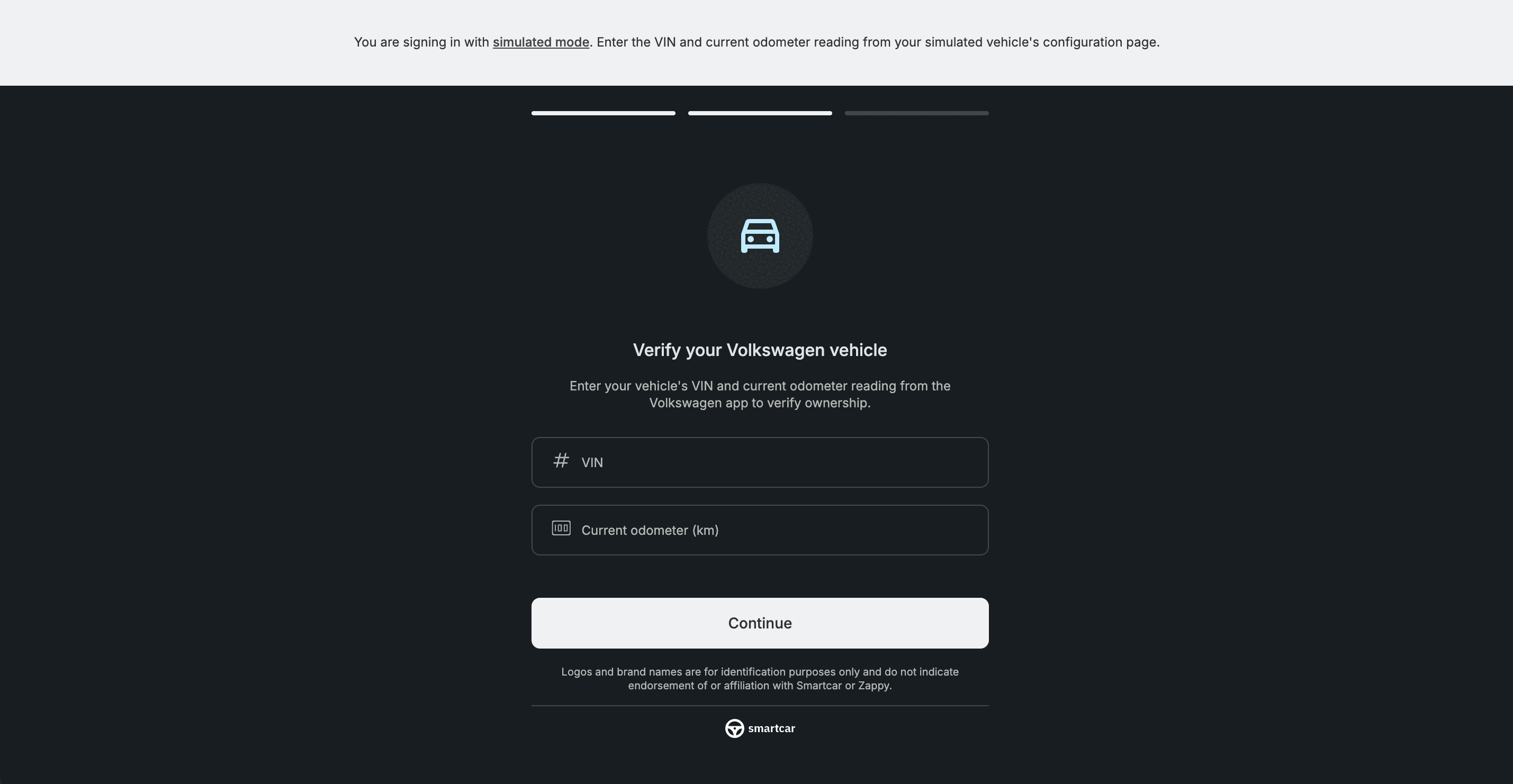 Smartcar Connect VIN and odometer verification screen