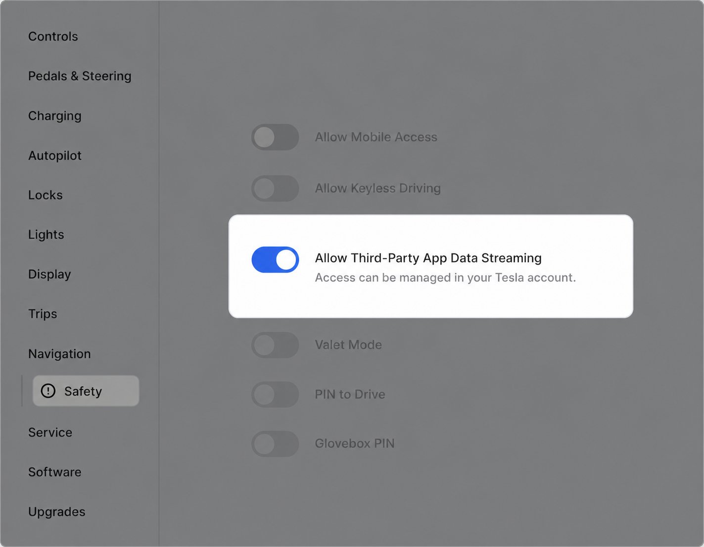 Allow Third-Party App Data Streaming toggle in the vehicle's Safety menu