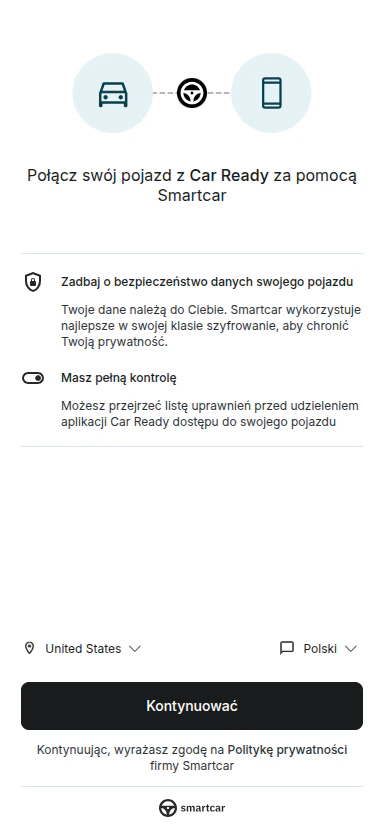 Smartcar Connect preamble screen displayed in Polish