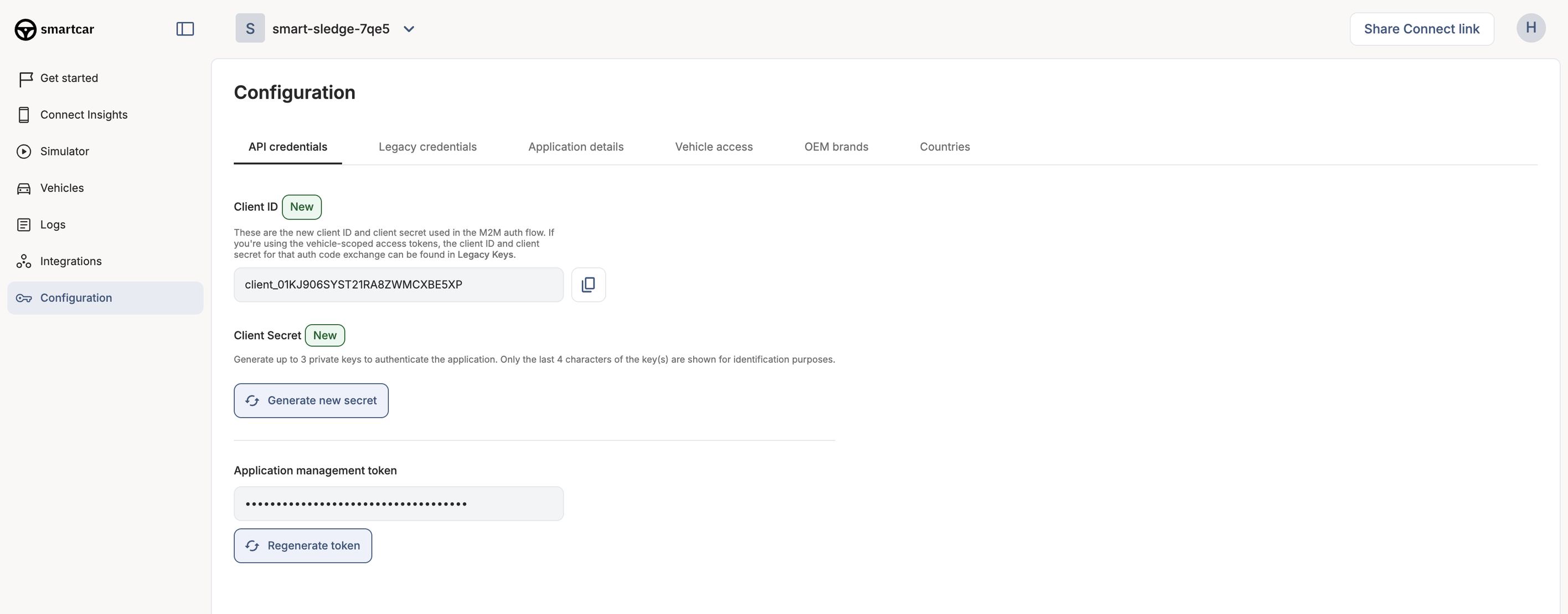 API credentials tab in the Smartcar Dashboard Configuration page