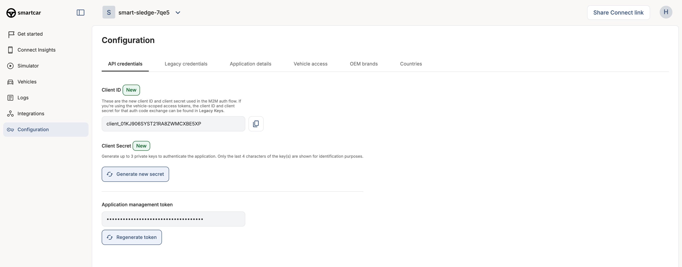API credentials tab in the Smartcar Dashboard Configuration page