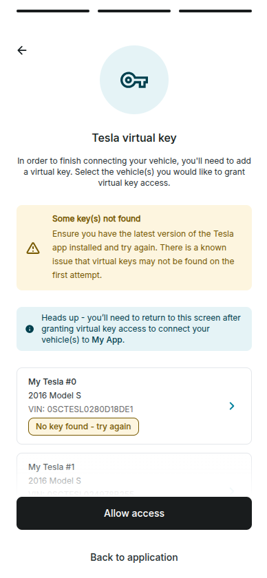 Tesla virtual key warning and retry screen