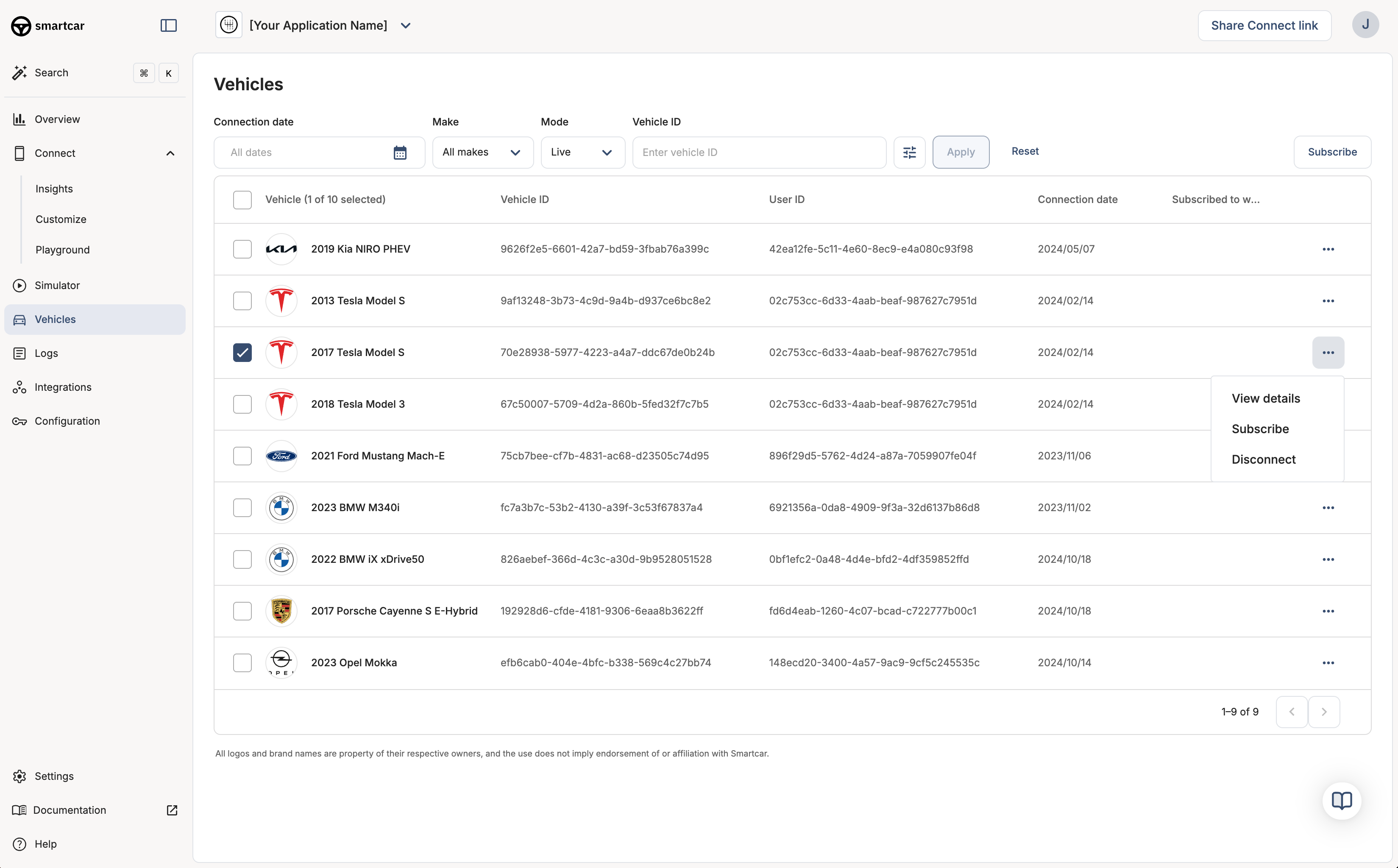 Smartcar Dashboard showing how to subscribe a vehicle to a webhook.