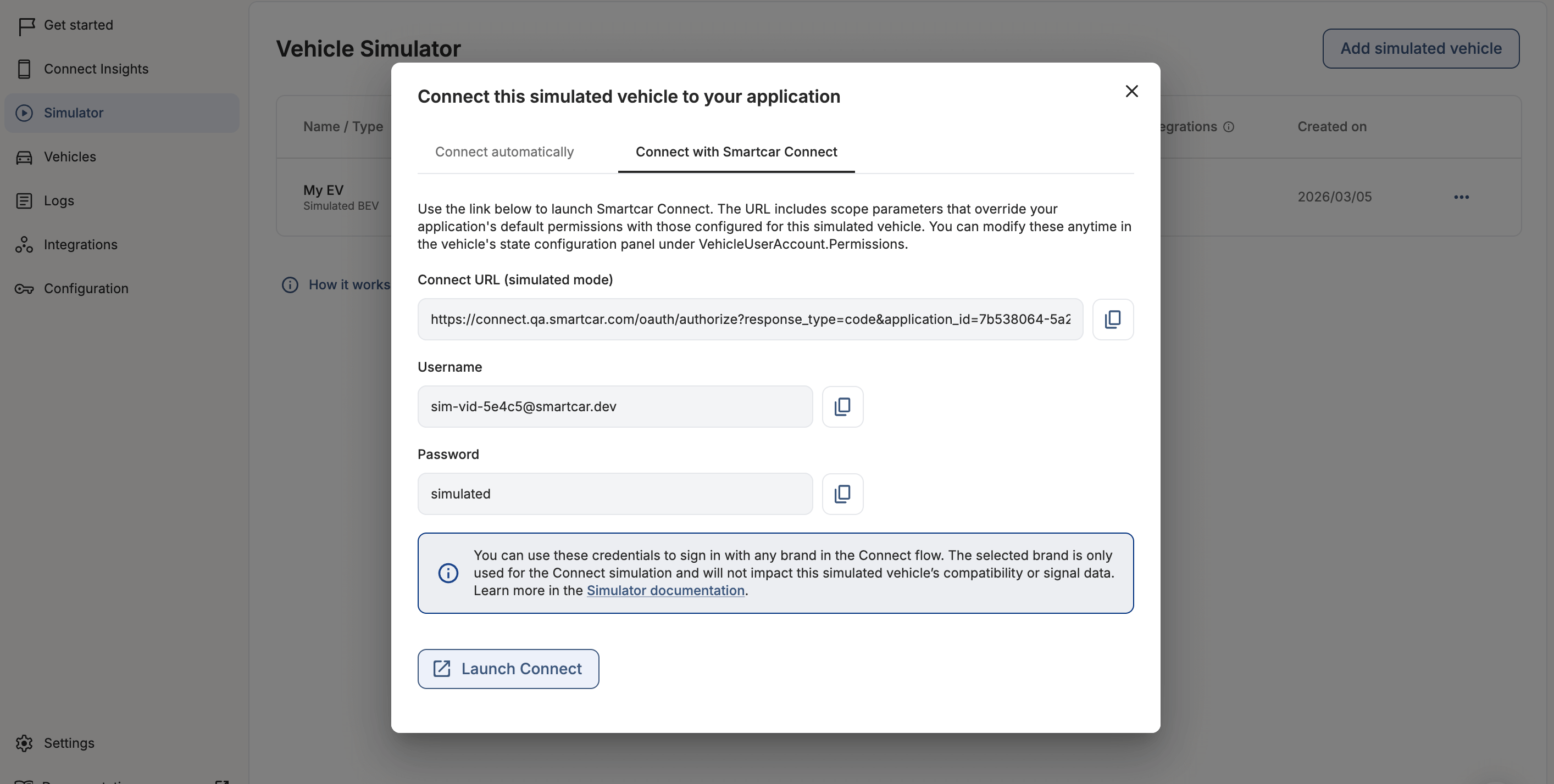 Connect a simulated vehicle using Smartcar Connect