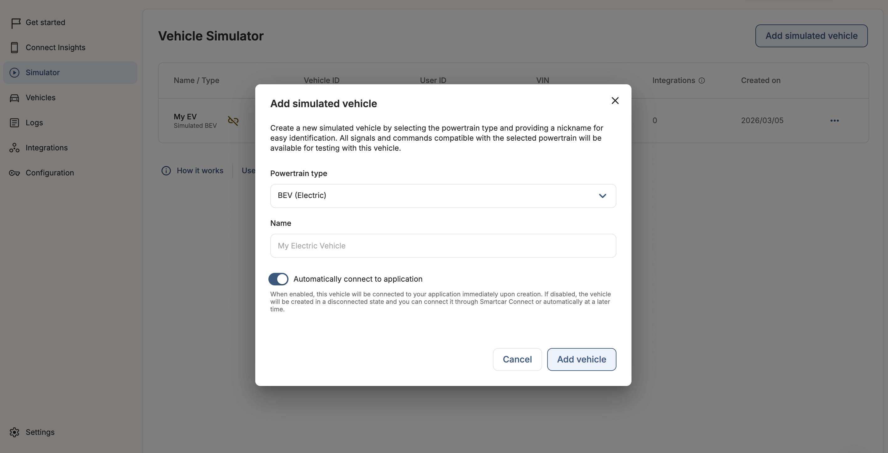 Vehicle simulator create modal