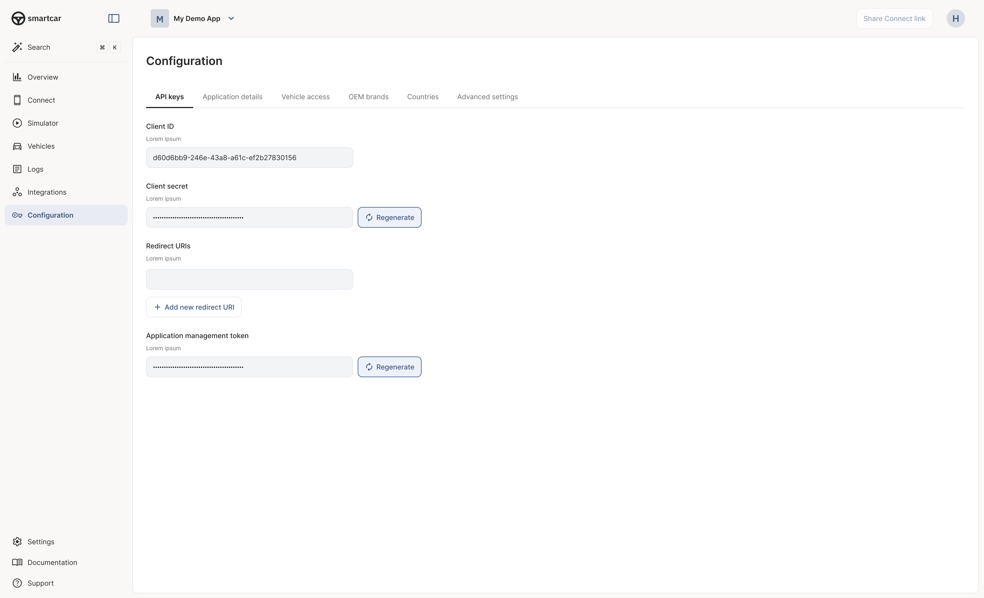 Application Configuration in Smartcar Dashboard