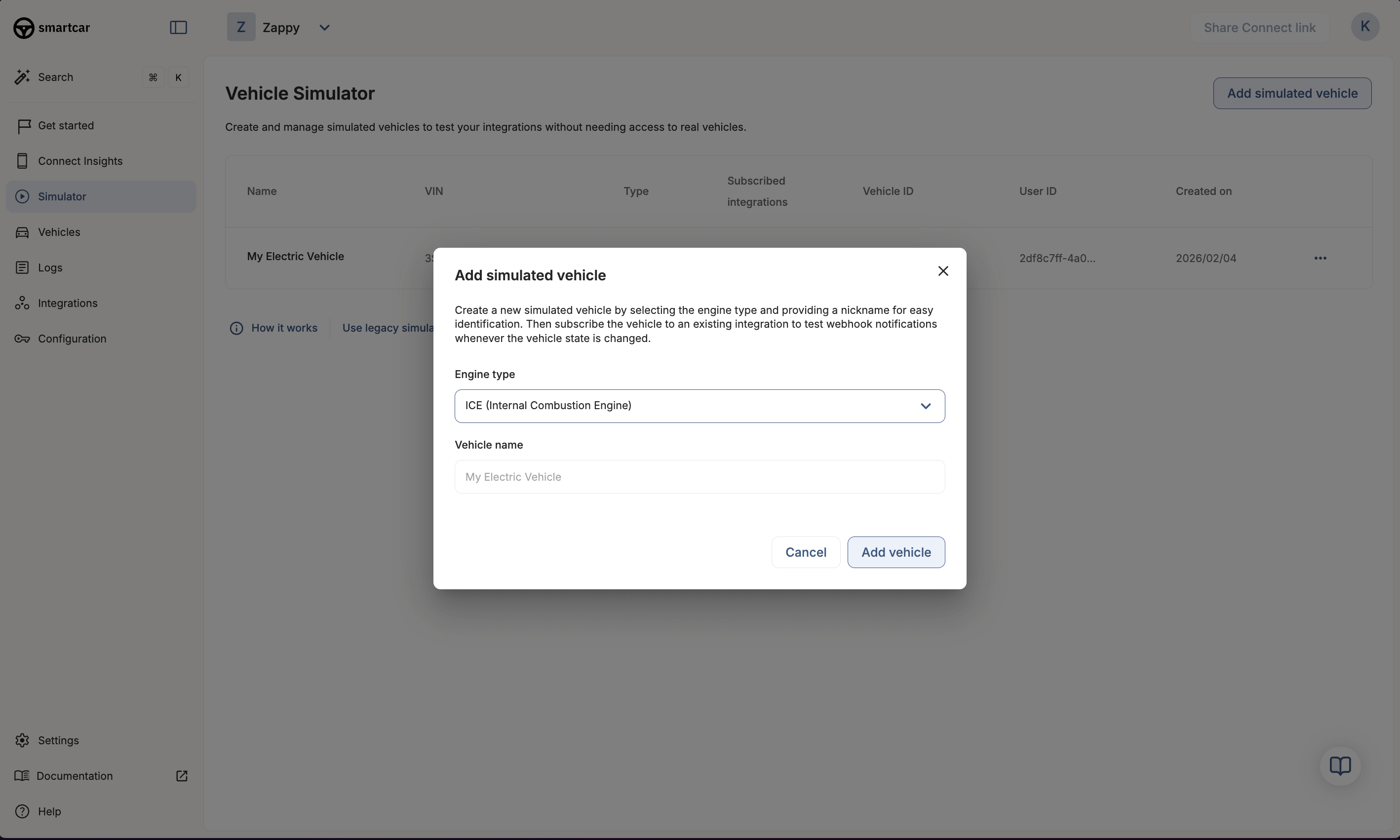 Vehicle simulator create modal