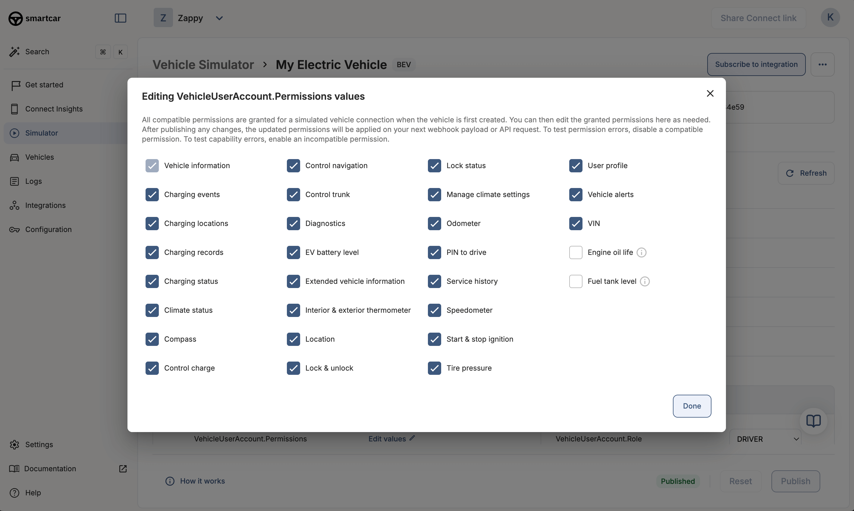 Control simulated vehicle permissions