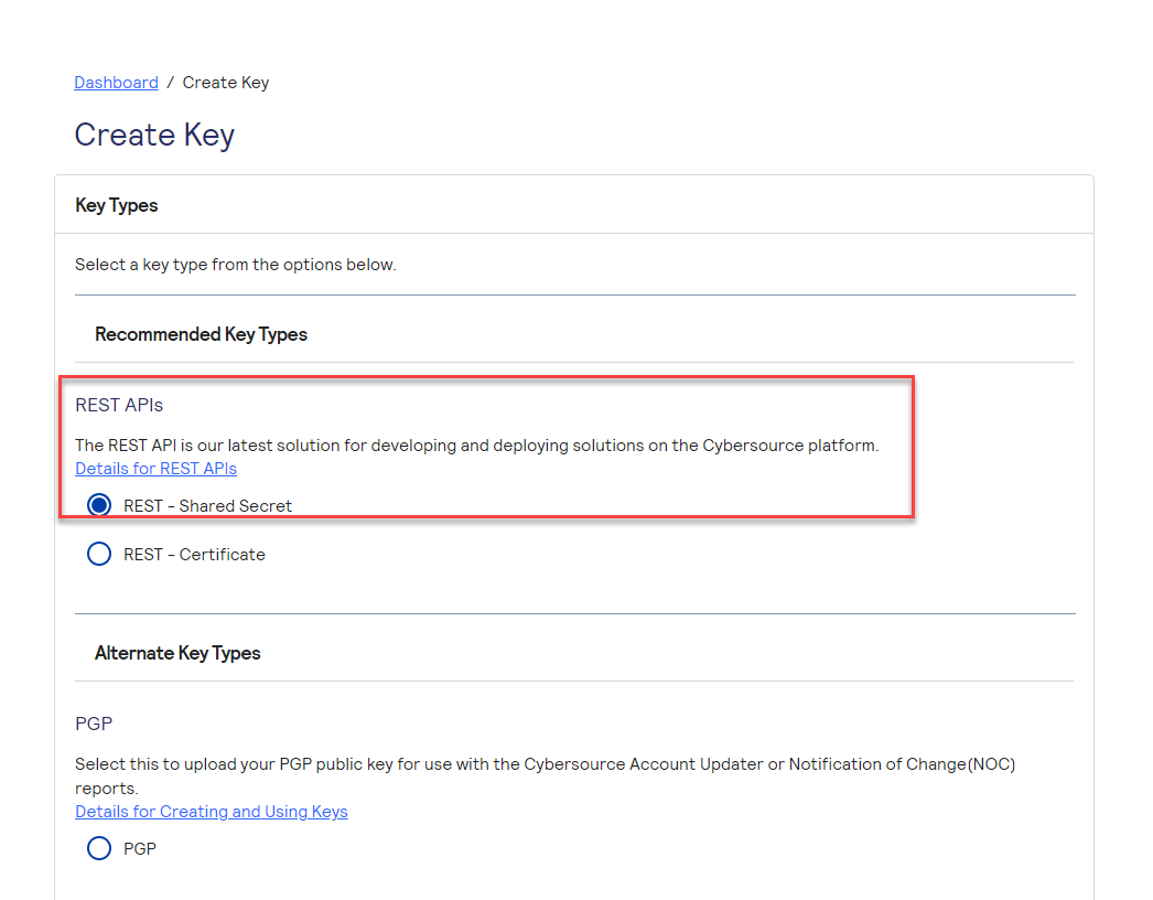 Cybersource Create Key