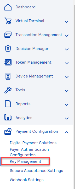 Cybersource Key Management Menu