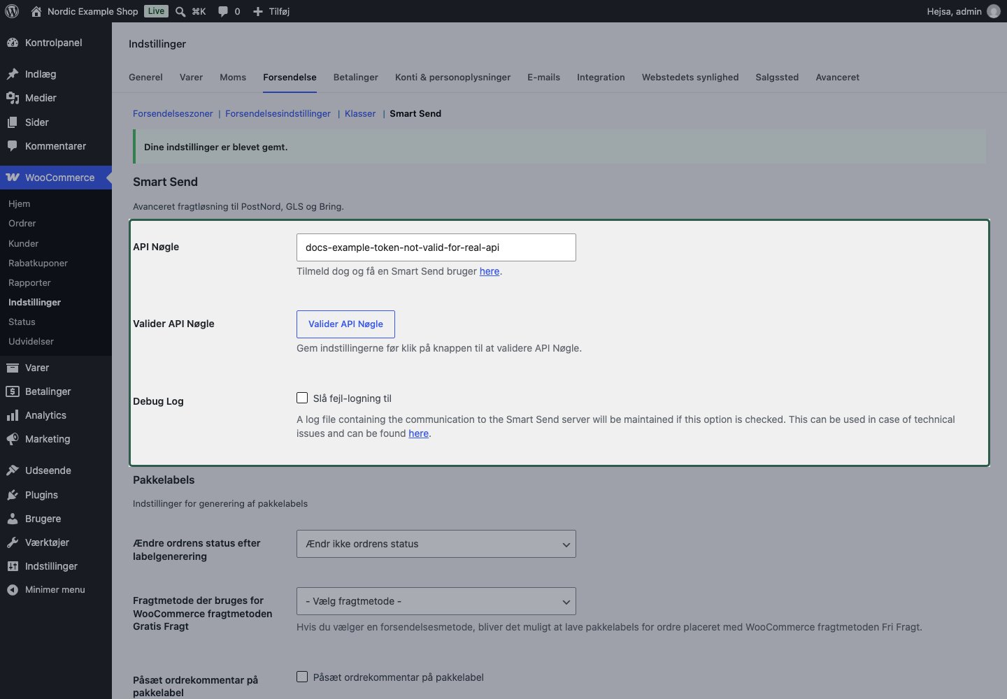 Smart Send-indstillinger med et gemt eksempel-token og knap til validering