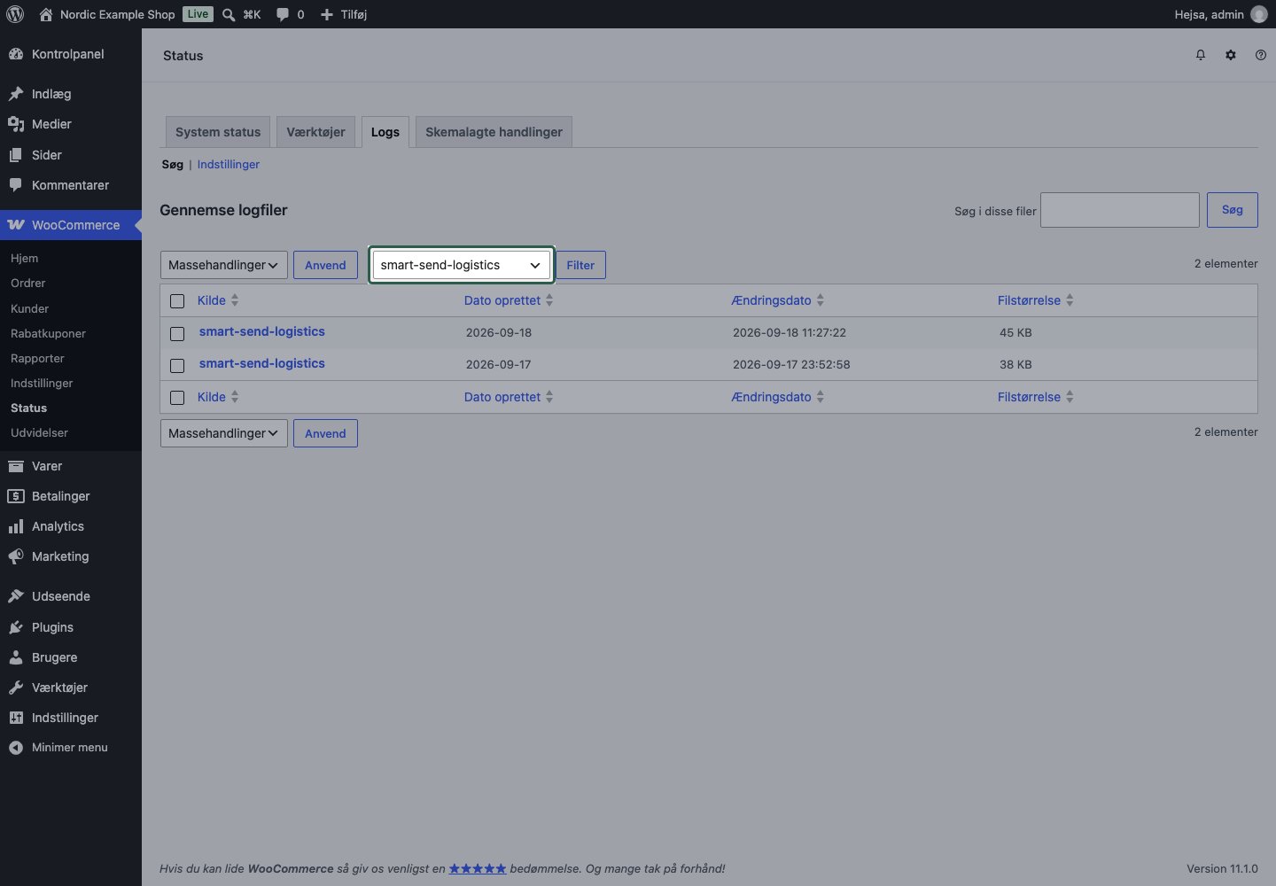 WooCommerce-logge filtreret til kilden smart-send-logistics