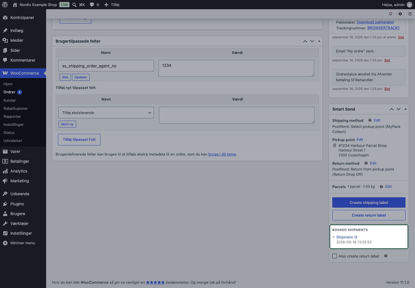 Bookinghistorik under Booked shipments i Smart Send-panelet