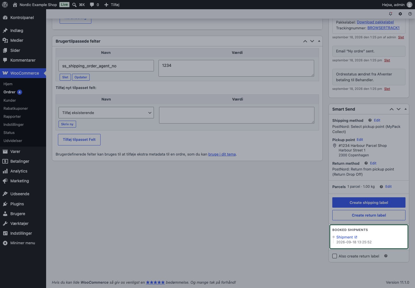 Bookinghistorik under Booked shipments i Smart Send-panelet