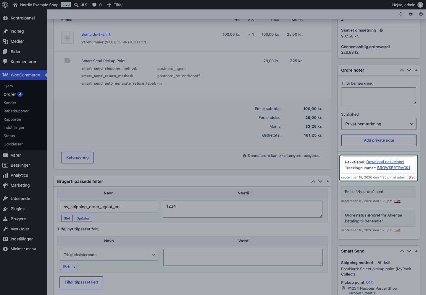 WooCommerce Ordre noter med dokument- og trackinglinks efter genindlæsning