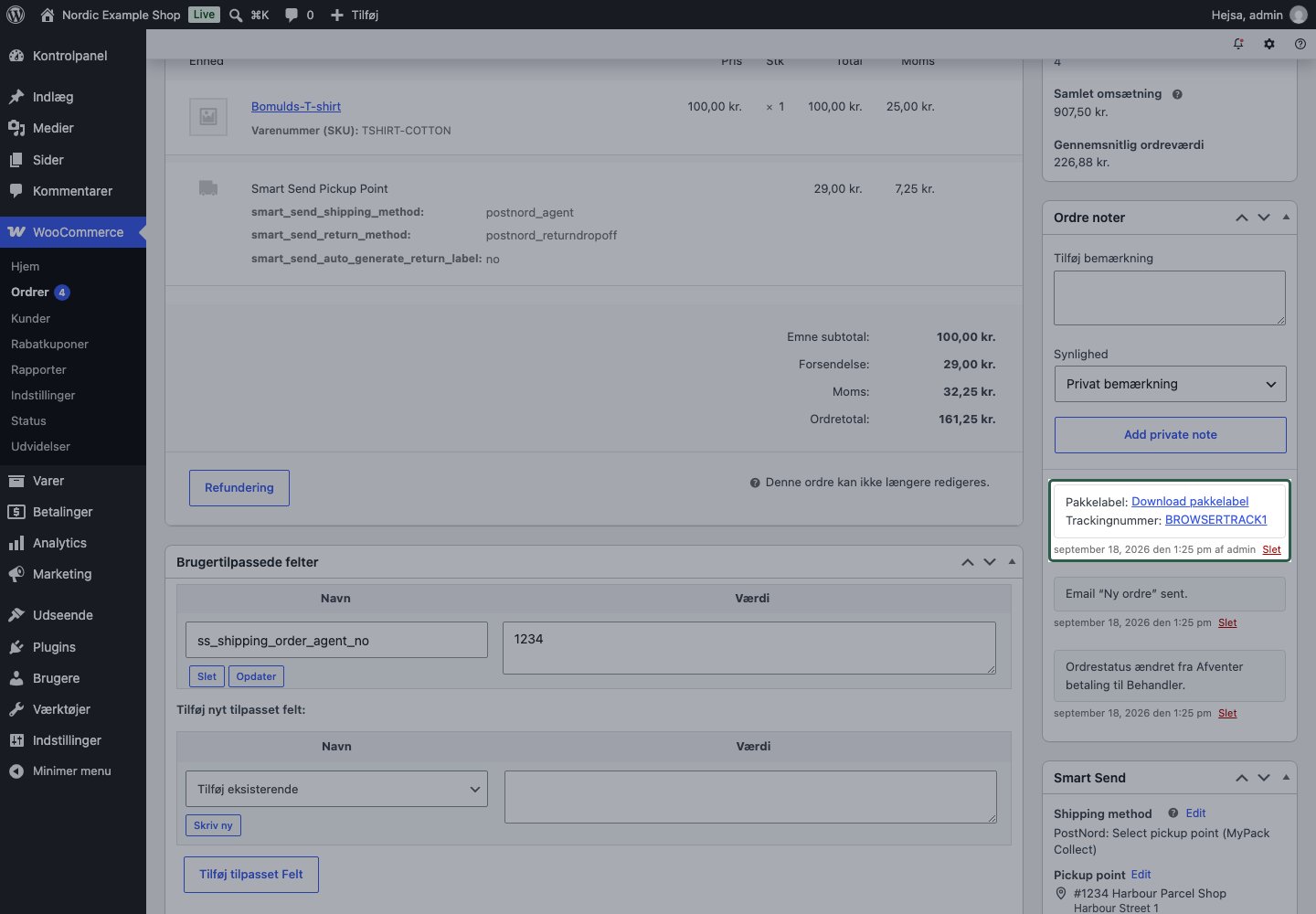 WooCommerce Ordre noter med dokument- og trackinglinks efter genindlæsning