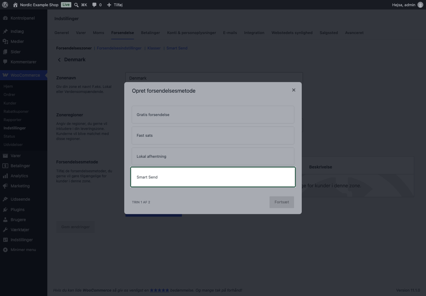 Smart Send valgt i WooCommerces liste over forsendelsesmetoder
