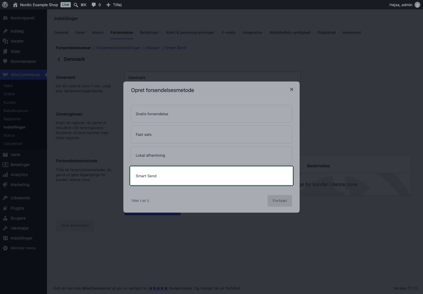 Smart Send valgt i WooCommerces liste over forsendelsesmetoder