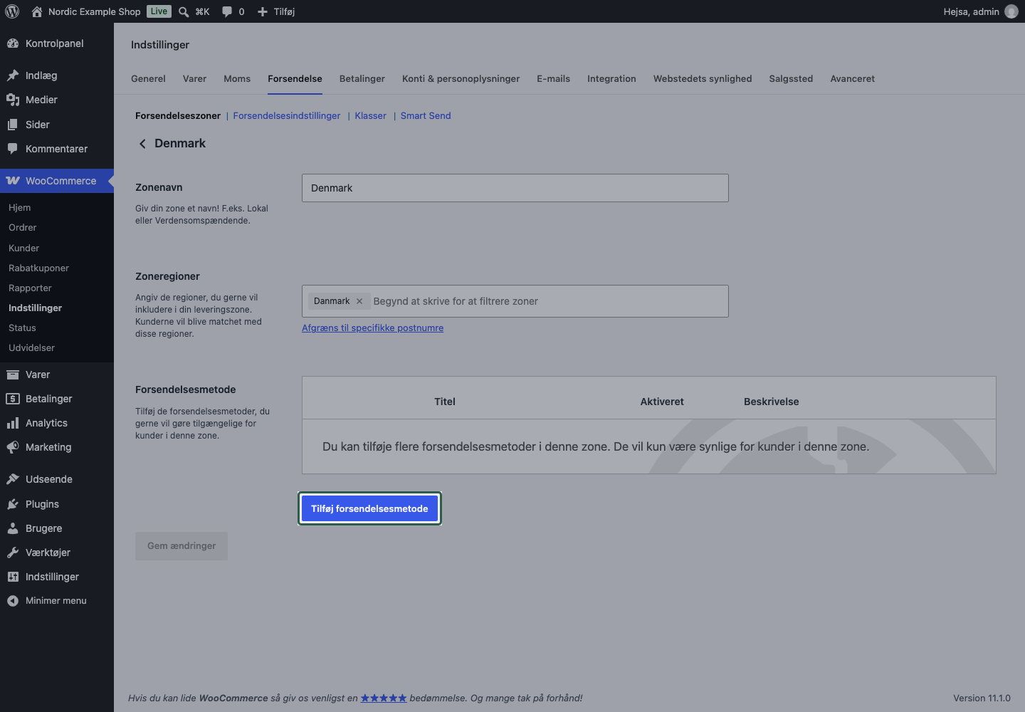 En tom WooCommerce-zone klar til en fragtmetode