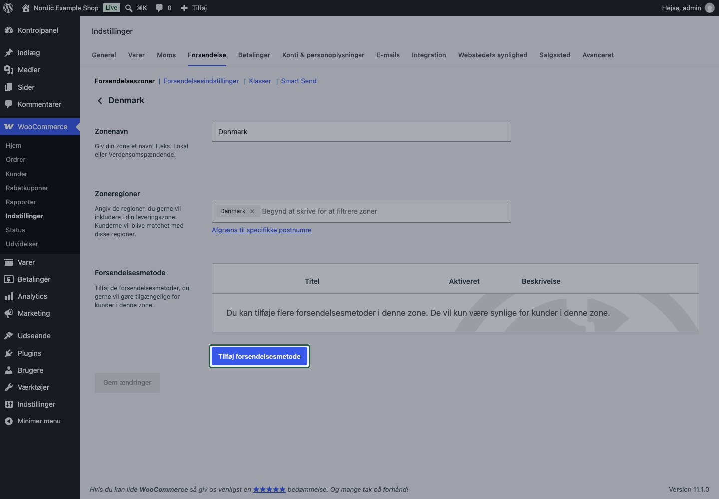 En tom WooCommerce-zone klar til en fragtmetode