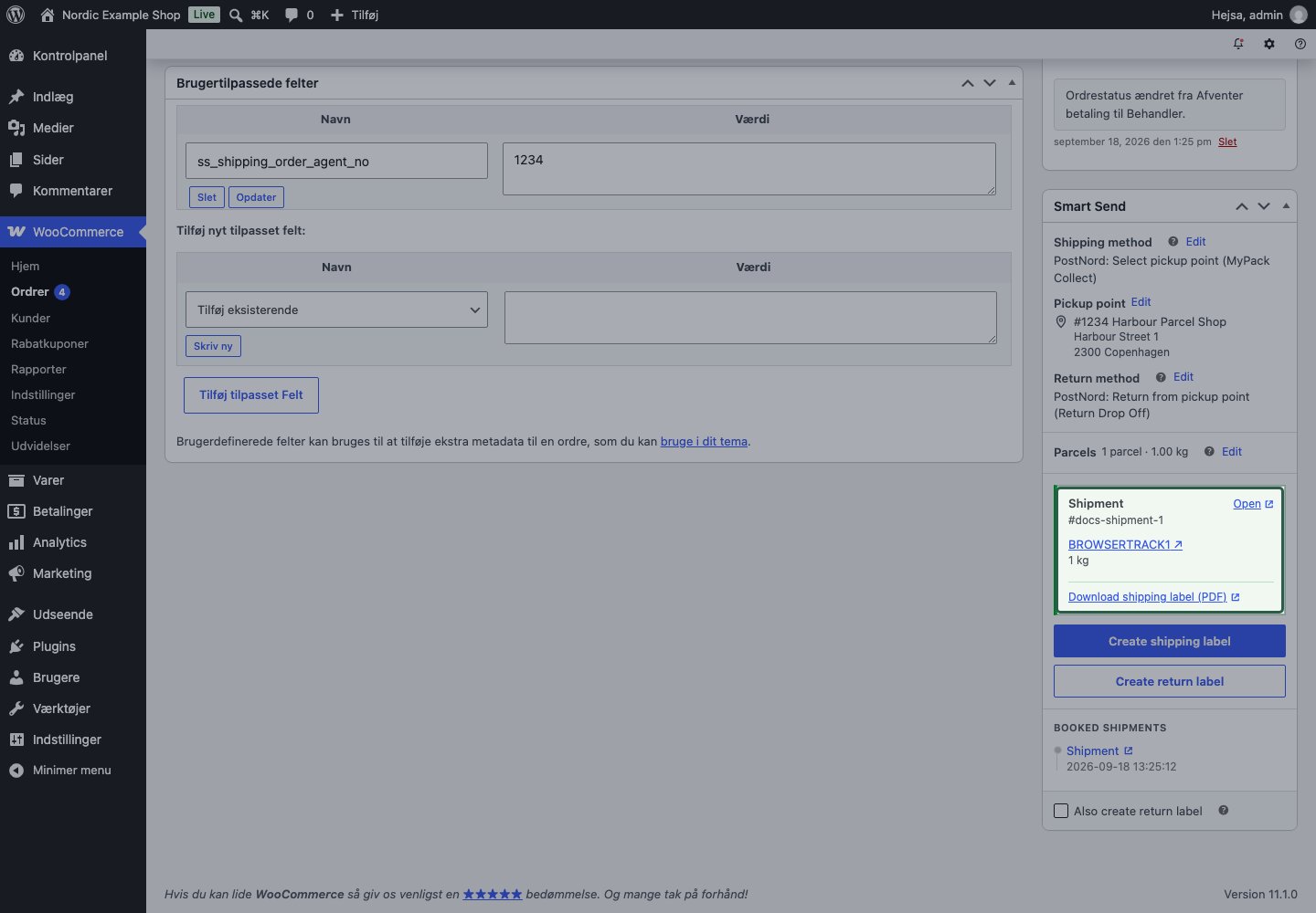 Vellykket booking med forsendelsesreference, trackinglink og Download shipping label (PDF)