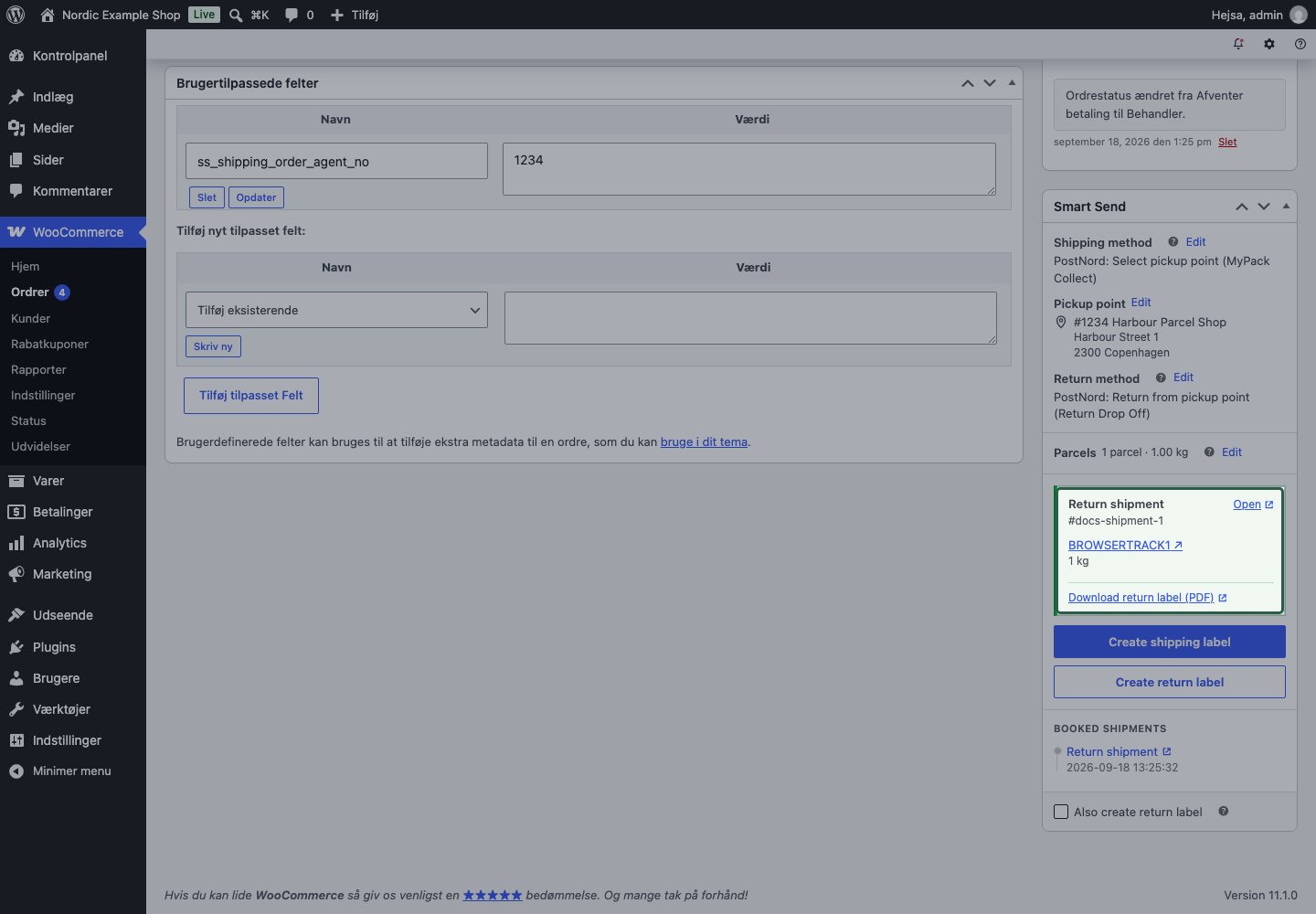 Vellykket selvstændig returbooking med link til returlabelen
