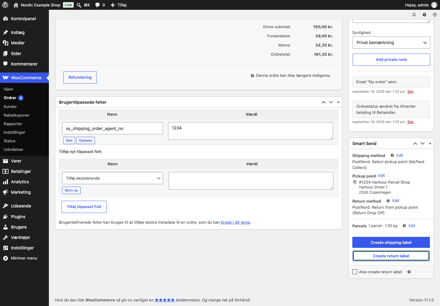 Ordrepanel med en returydelse og knappen Create return label