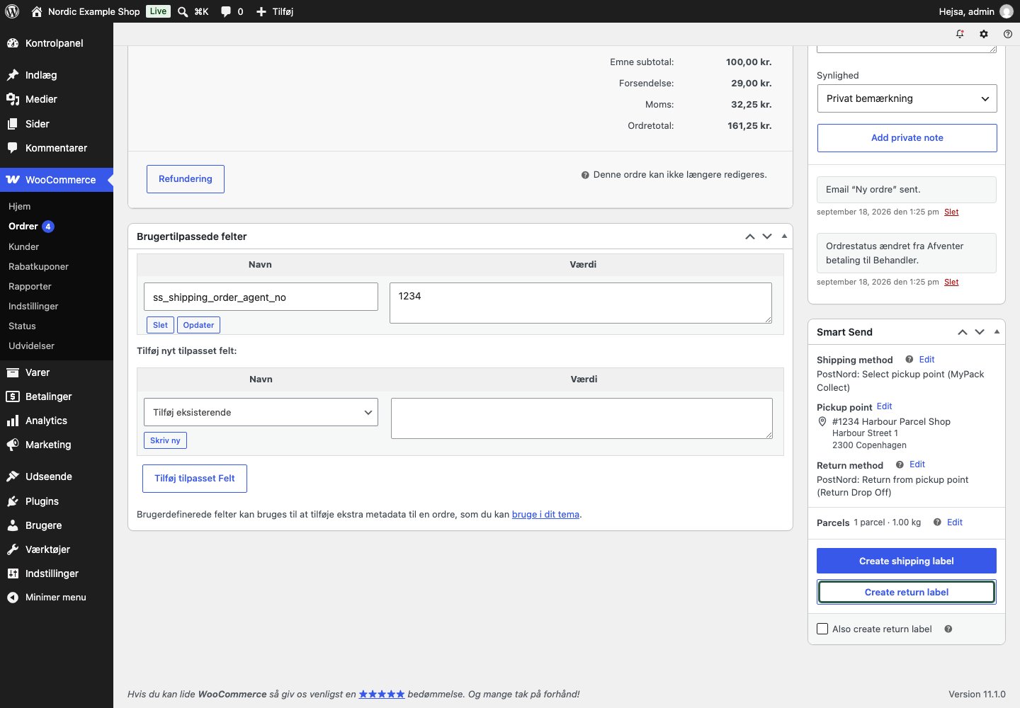 Ordrepanel med en returydelse og knappen Create return label
