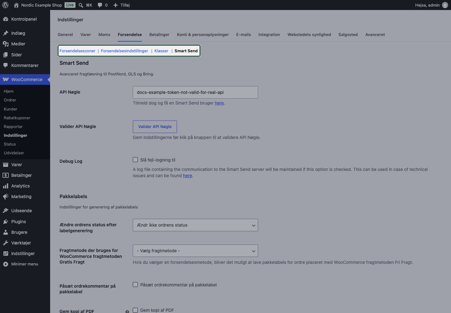 WooCommerce-indstillinger for forsendelse med Smart Send-sektionen valgt