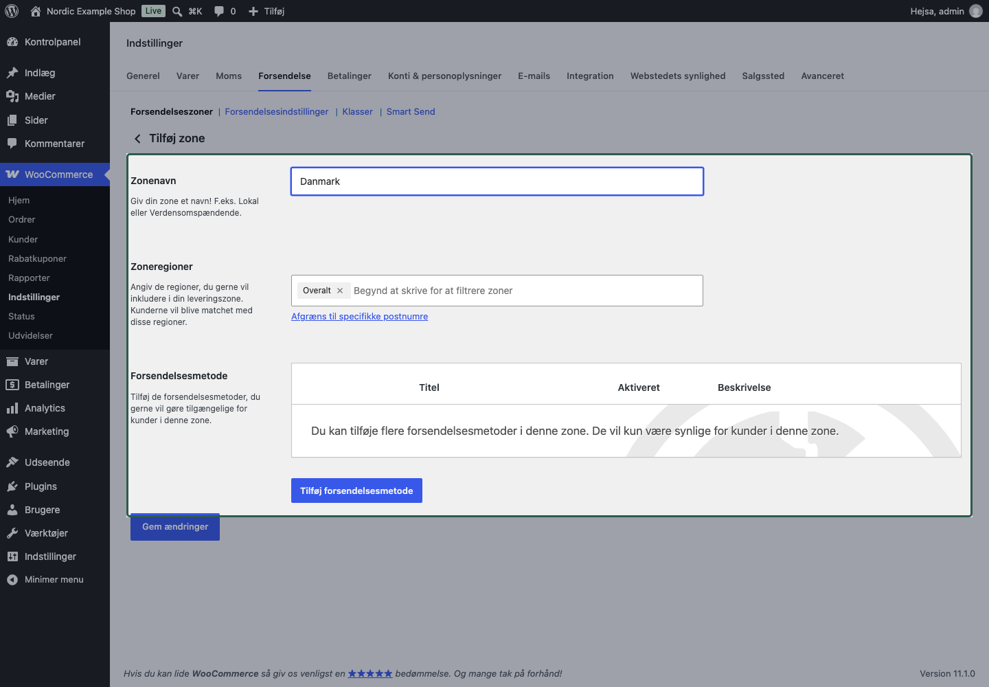 WooCommerce-editoren til en ny fragtzone med navn og områder markeret