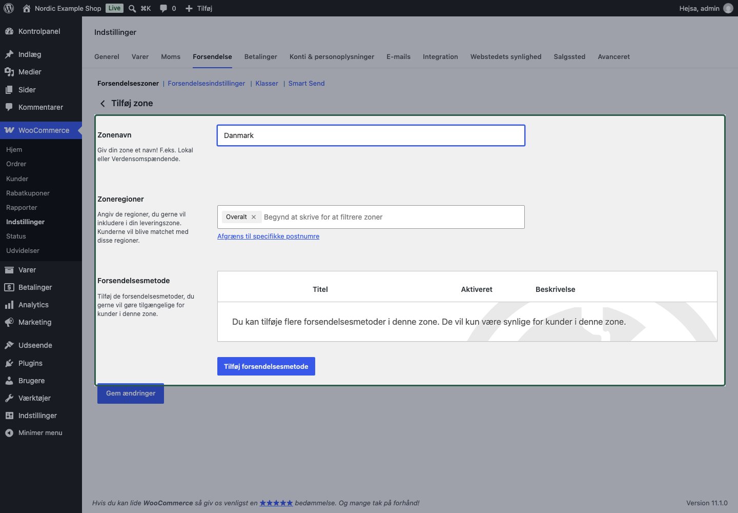 WooCommerce-editoren til en ny fragtzone med navn og områder markeret