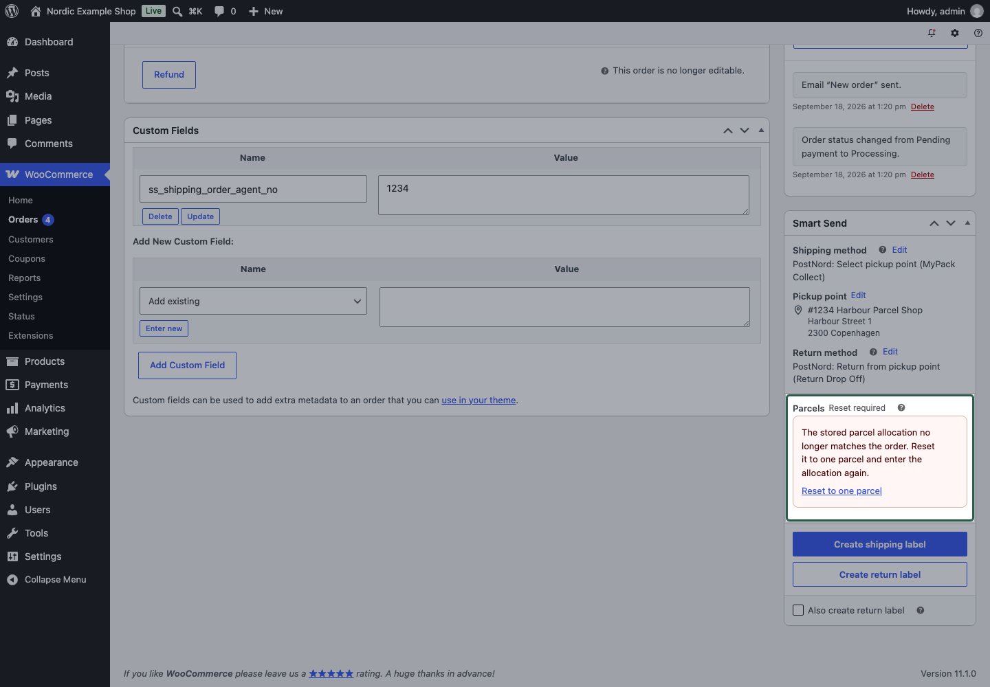 Reset required notice with an explanation that the stored allocation no longer matches the order
