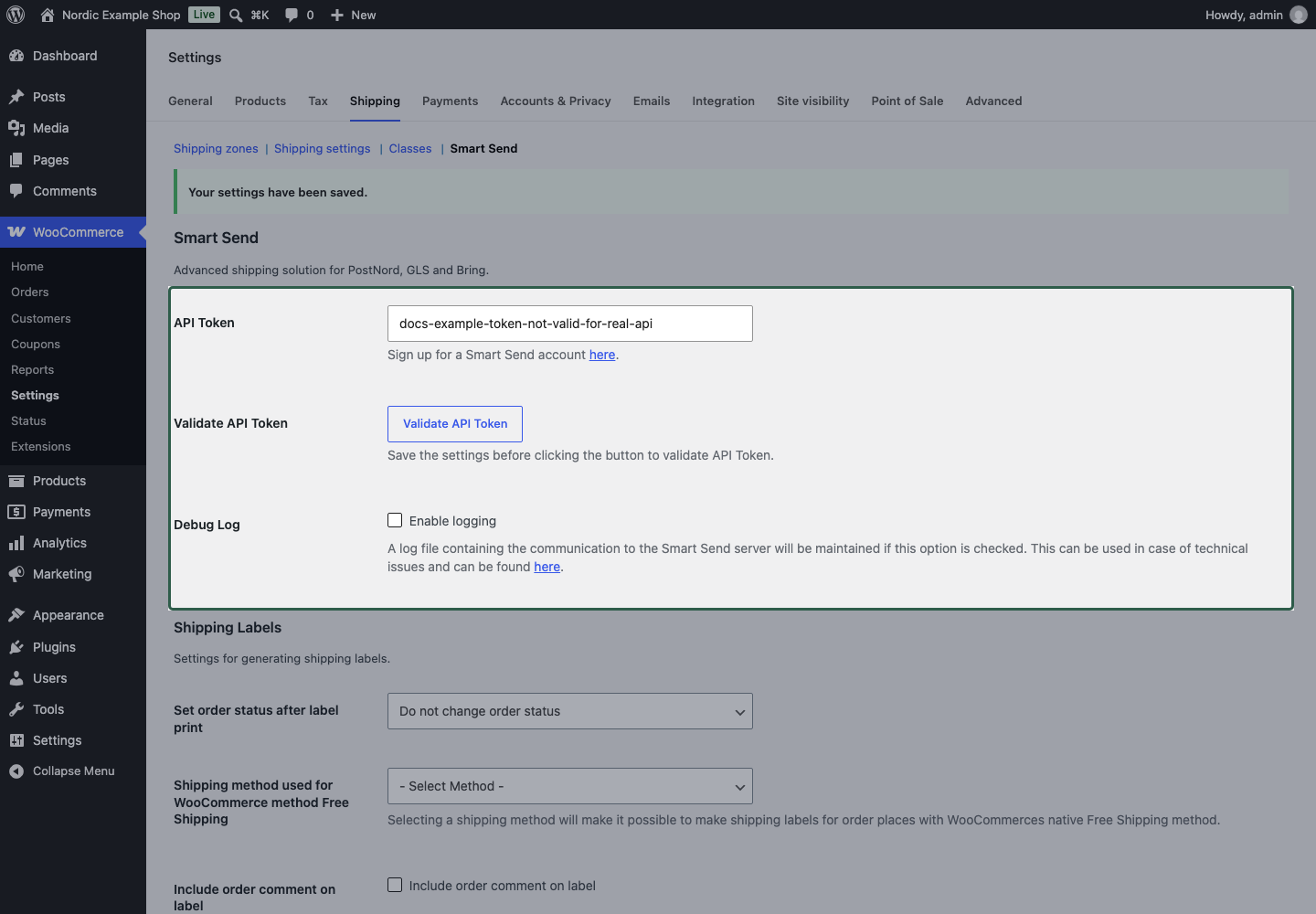 Smart Send settings with a synthetic API Token saved and the validation button available