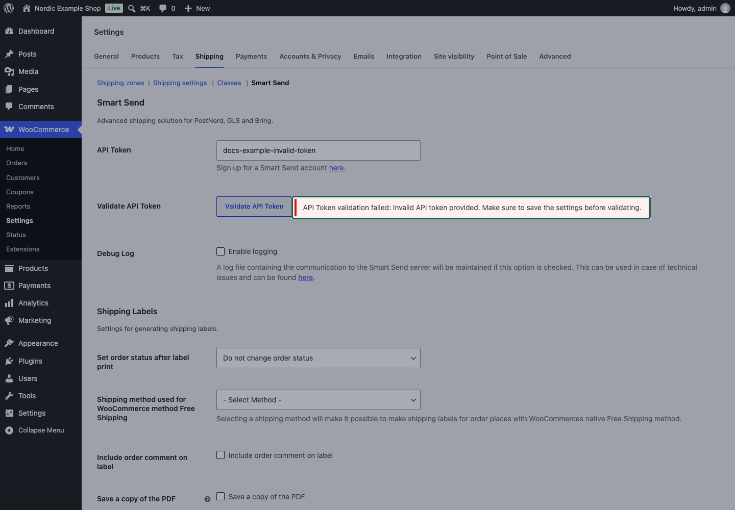 API token validation error asking the merchant to check the token and save settings
