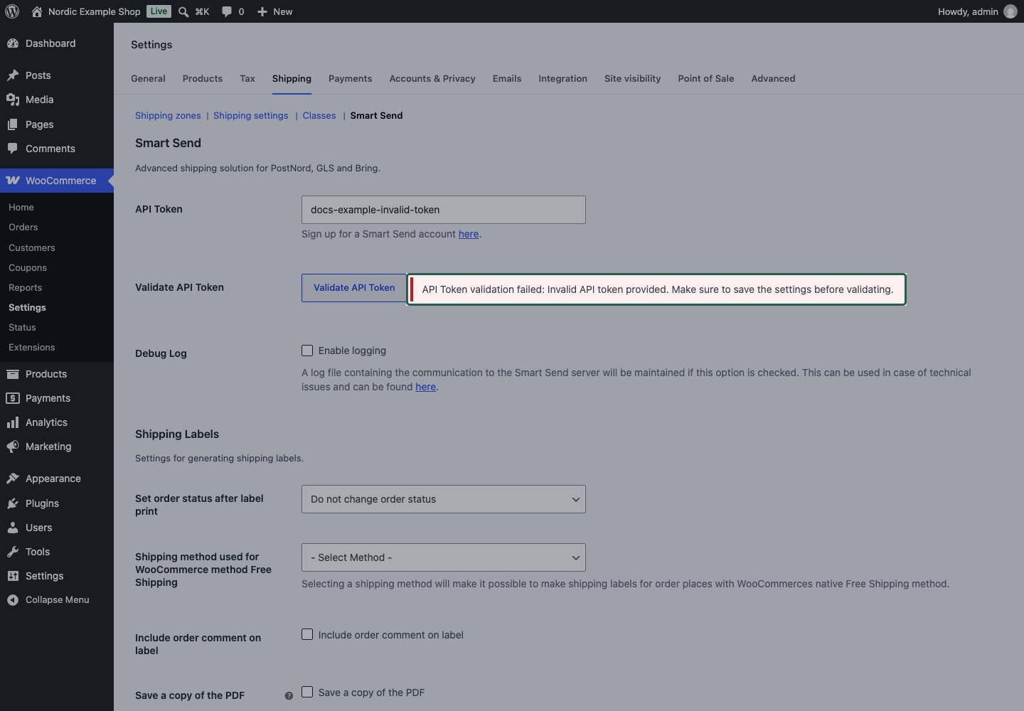 API token validation error asking the merchant to check the token and save settings