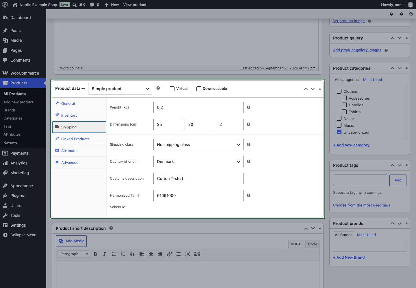 WooCommerce product Shipping tab with Country of origin, Customs description and Harmonized Tariff Schedule fields
