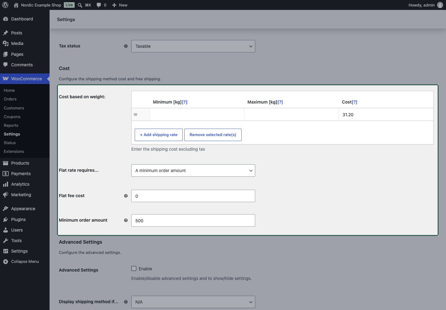 Pickup method using a minimum order amount of 500 DKK and a zero flat fee