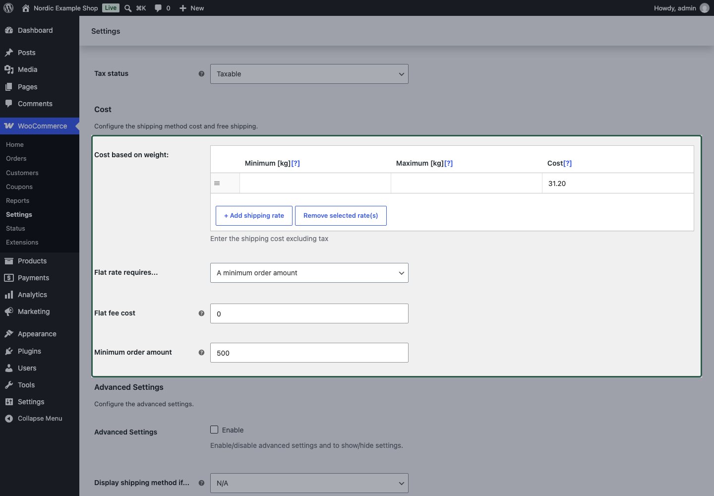 Pickup method using a minimum order amount of 500 DKK and a zero flat fee