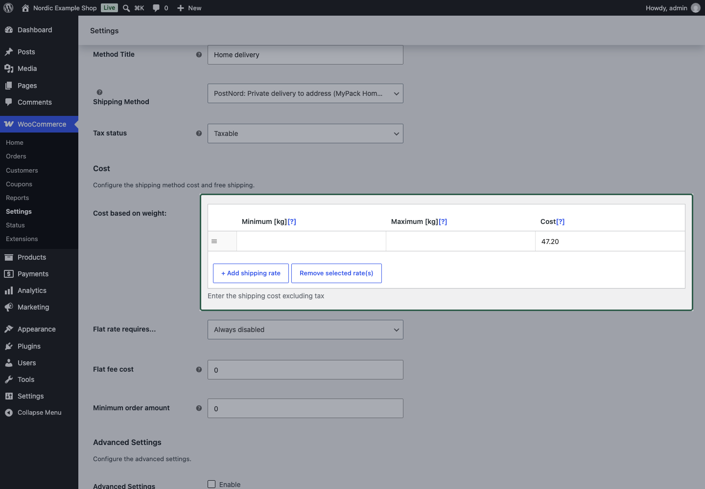 Home delivery method configured with a 47.20 DKK cost excluding VAT
